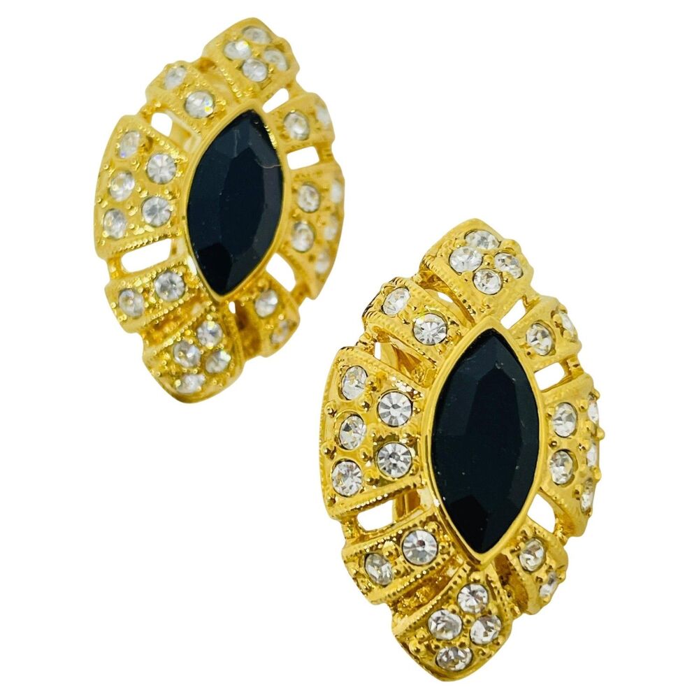 Vintage gold tone black glass rhinestones designer clip on earrings